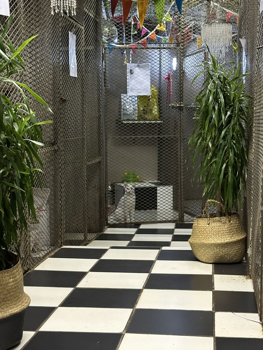 The indoor villa corridor with its chequered floor